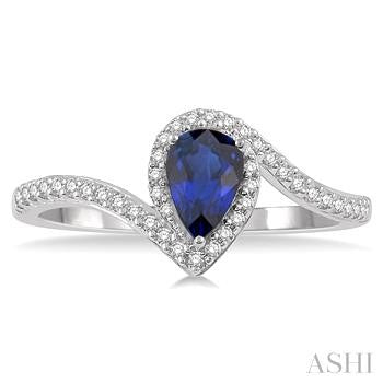 6X4 MM Pear Shape Sapphire and 1/5 Ctw Round Cut Diamond Precious Ring in 10K White Gold