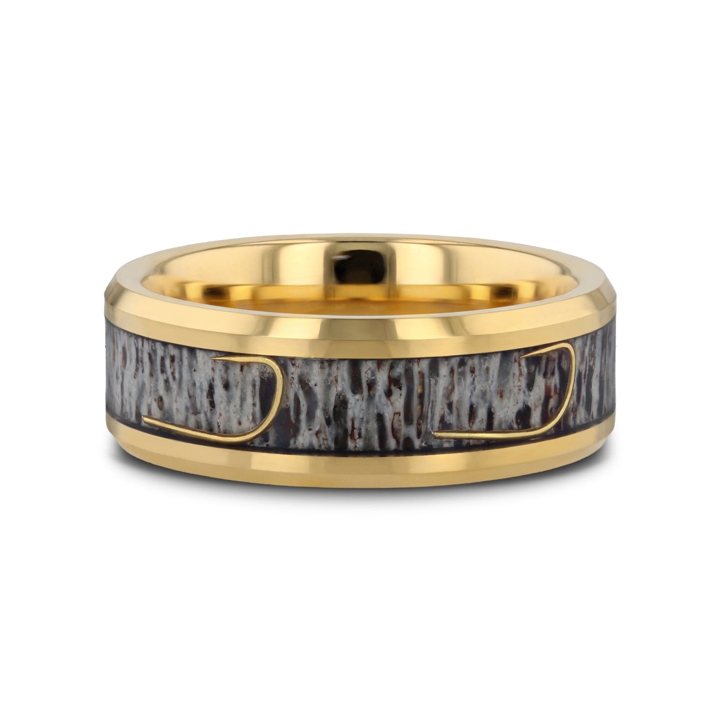 JAEGER Gold-Plated Polished Tungsten with Deer Antler and Fishhook Inlay - 8mm