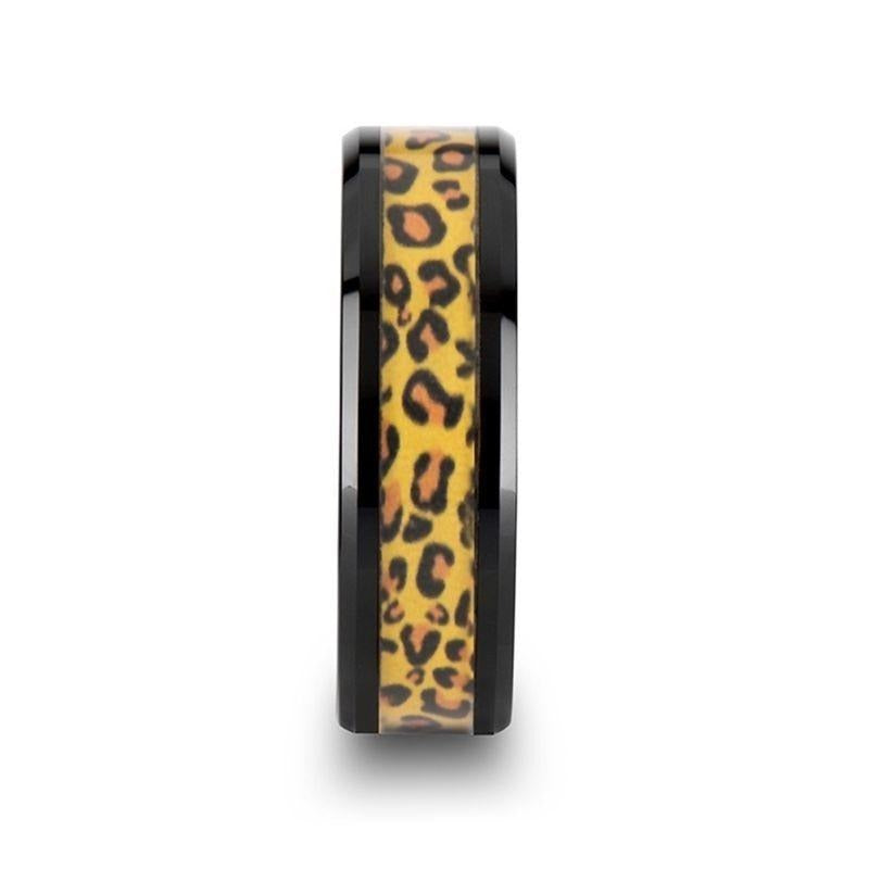 NAMIBIA Black Ceramic Wedding Band with Cheetah Print Animal Design Inlay - 6mm & 8mm