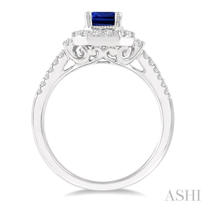 7X5 MM Emerald Shape Sapphire and 1/2 Ctw Round Cut Diamond Precious Ring in 14K White Gold