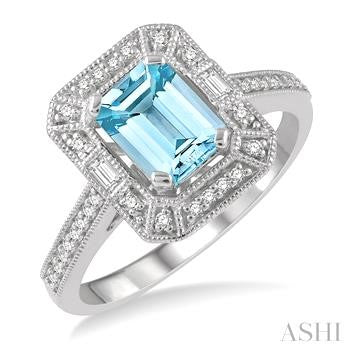 1/5 Ctw Emerald Shape 7X5 MM Aquamarine, Baguette and Round Cut Diamond Precious Ring in 14K White Gold