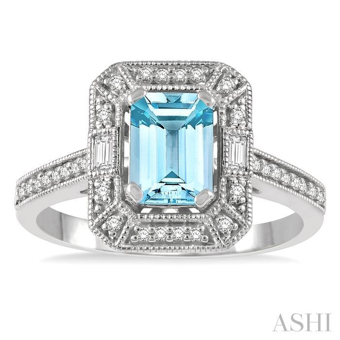 1/5 Ctw Emerald Shape 7X5 MM Aquamarine, Baguette and Round Cut Diamond Precious Ring in 14K White Gold