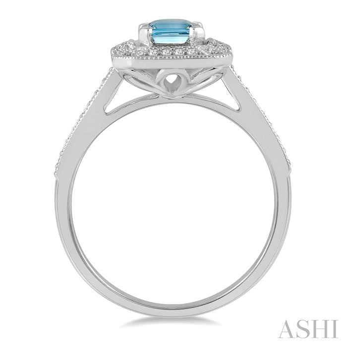 1/5 Ctw Emerald Shape 7X5 MM Aquamarine, Baguette and Round Cut Diamond Precious Ring in 14K White Gold