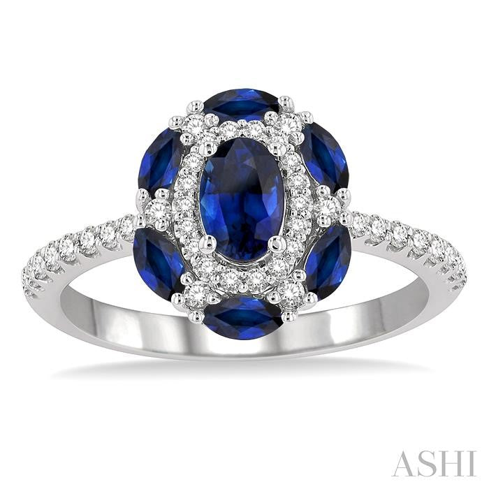 6X4 MM Oval Shape & 4X2 MM Marquise Shape Sapphire and 1/3 Ctw Round Cut Diamond Precious Ring in 14K White Gold