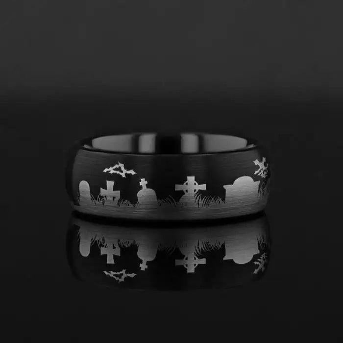 Graveyard Halloween Engraved Domed Black Tungsten Ring Brushed (Raider) - 4mm - 12mm - 8mm