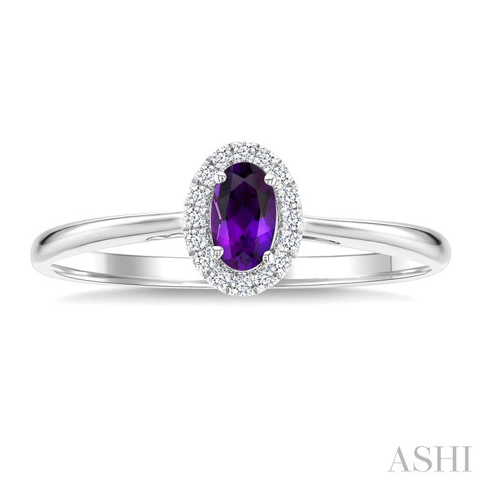 5X3 MM Oval Shape Amethyst and 1/20 Ctw Round Cut Diamond Halo Semi-Precious Ring in 10K White Gold