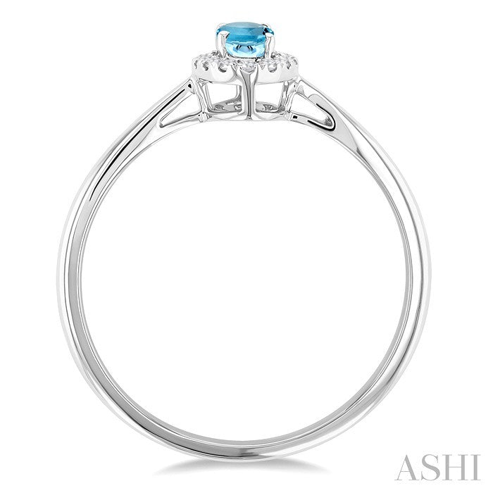 5X3 MM Oval Shape Aquamarine and 1/20 Ctw Round Cut Diamond Halo Semi-Precious Ring in 10K White Gold
