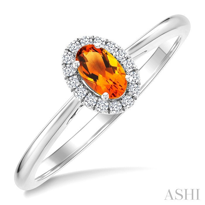 5X3 MM Oval Shape Citrine and 1/20 Ctw Round Cut Diamond Halo Semi-Precious Ring in 10K White Gold