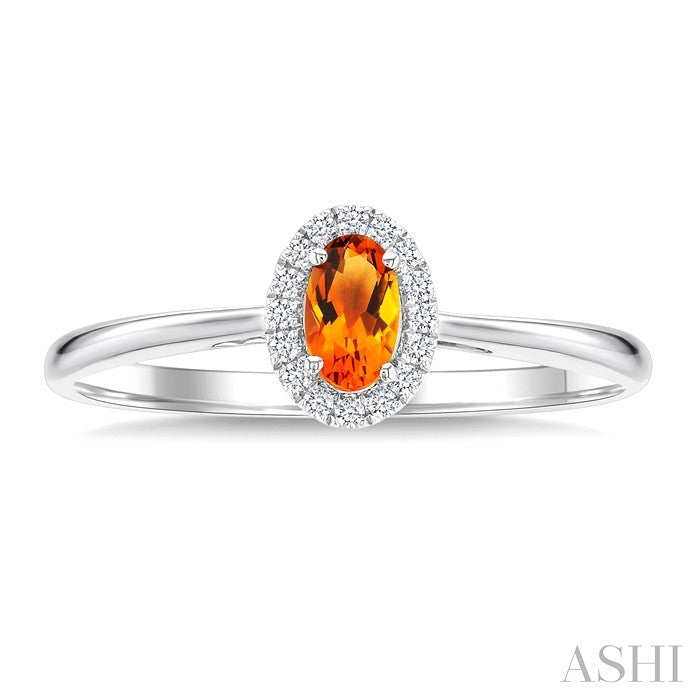 5X3 MM Oval Shape Citrine and 1/20 Ctw Round Cut Diamond Halo Semi-Precious Ring in 10K White Gold