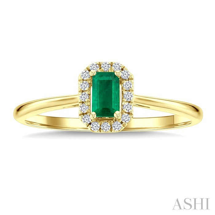 5X3 MM Octagonal Shape Emerald and 1/20 Ctw Round Cut Diamond Halo Precious Ring in 10K Yellow Gold
