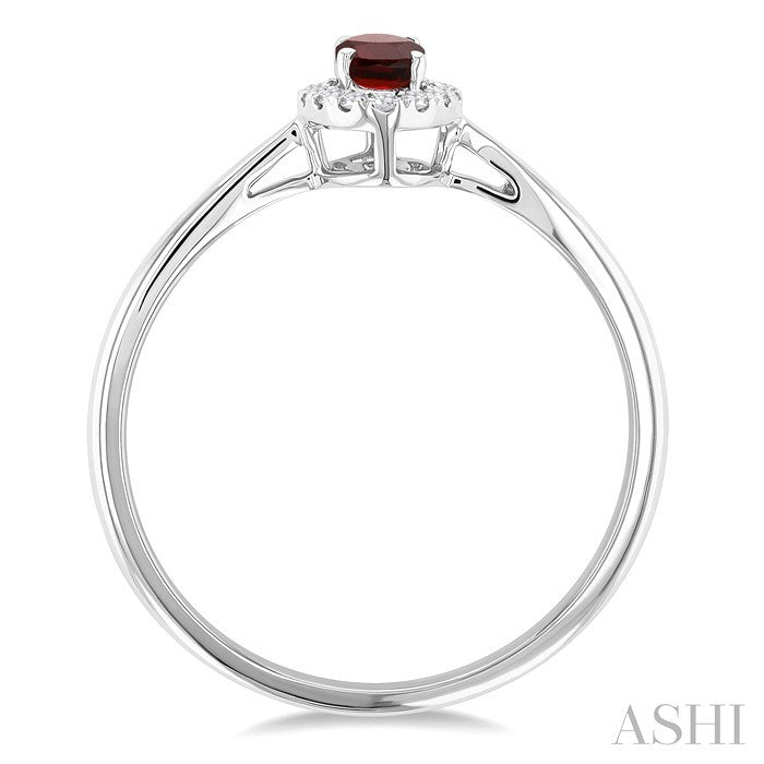 5X3 MM Oval Shape Garnet and 1/20 Ctw Round Cut Diamond Halo Semi-Precious Ring in 10K White Gold