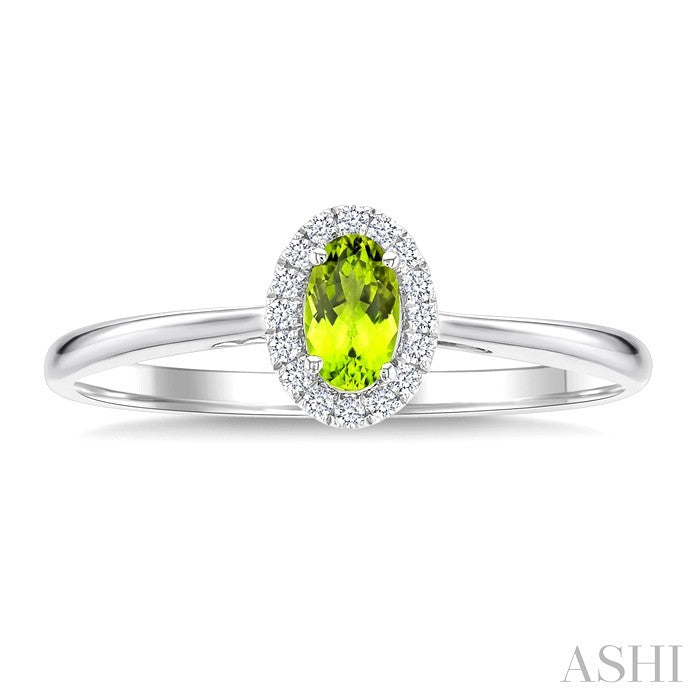 5X3 MM Oval Shape Peridot and 1/20 Ctw Round Cut Diamond Halo Semi-Precious Ring in 10K White Gold