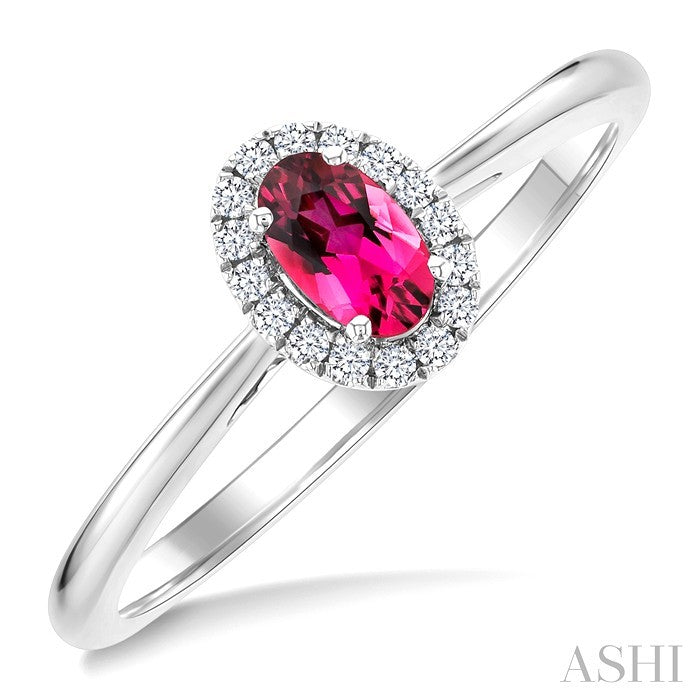 5X3 MM Oval Shape Pink Tourmaline and 1/20 Ctw Round Cut Diamond Halo Semi-Precious Ring in 10K White Gold