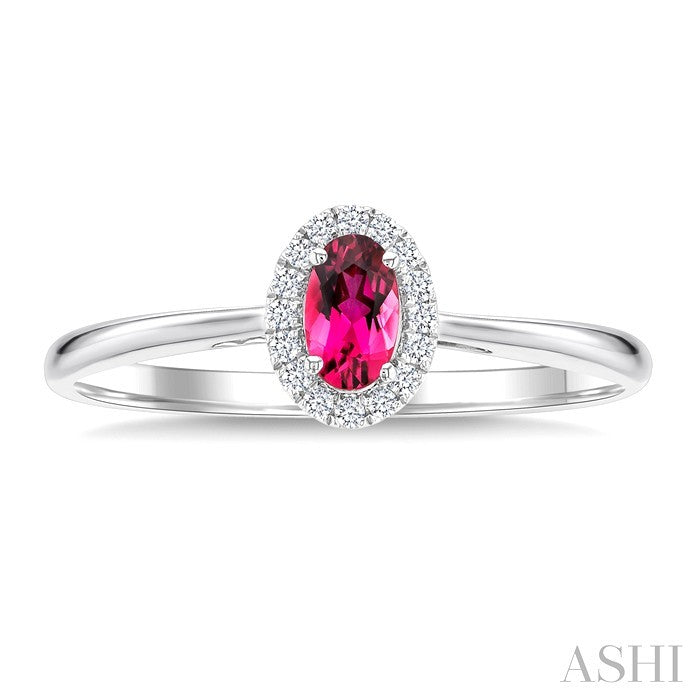 5X3 MM Oval Shape Pink Tourmaline and 1/20 Ctw Round Cut Diamond Halo Semi-Precious Ring in 10K White Gold