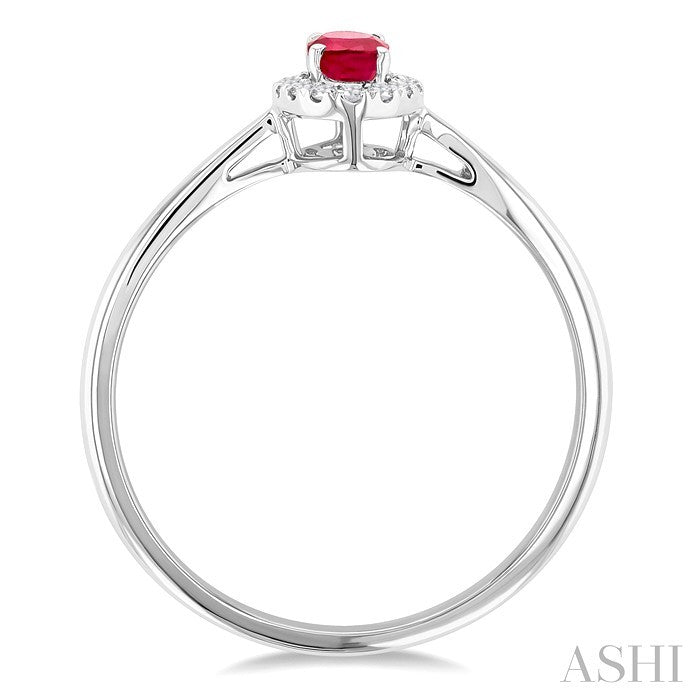5X3 MM Oval Shape Ruby and 1/20 Ctw Round Cut Diamond Halo Precious Ring in 10K White Gold