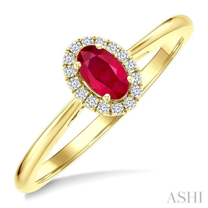 5X3 MM Oval Shape Ruby and 1/20 Ctw Round Cut Diamond Halo Precious Ring in 10K Yellow Gold