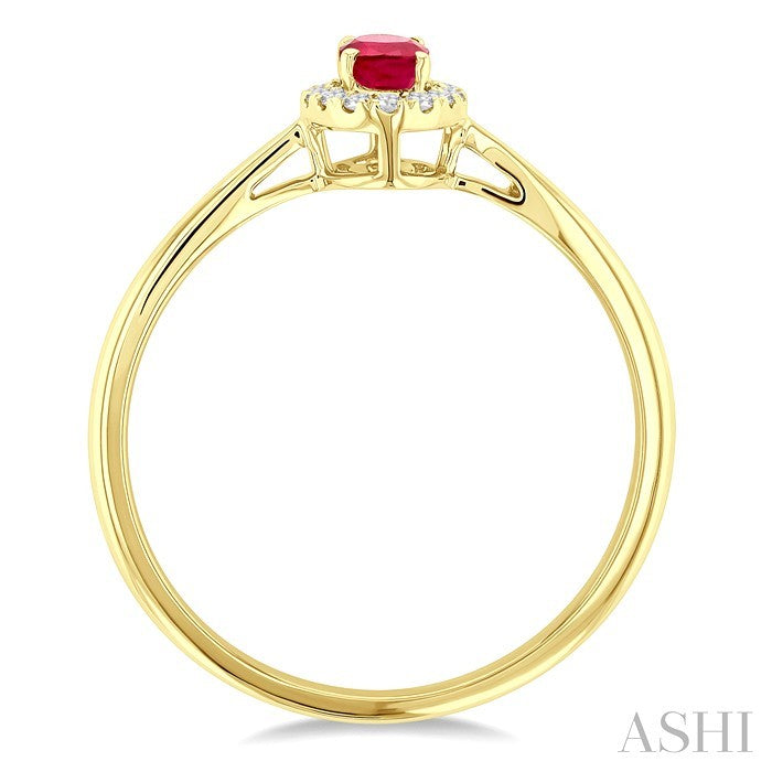 5X3 MM Oval Shape Ruby and 1/20 Ctw Round Cut Diamond Halo Precious Ring in 10K Yellow Gold