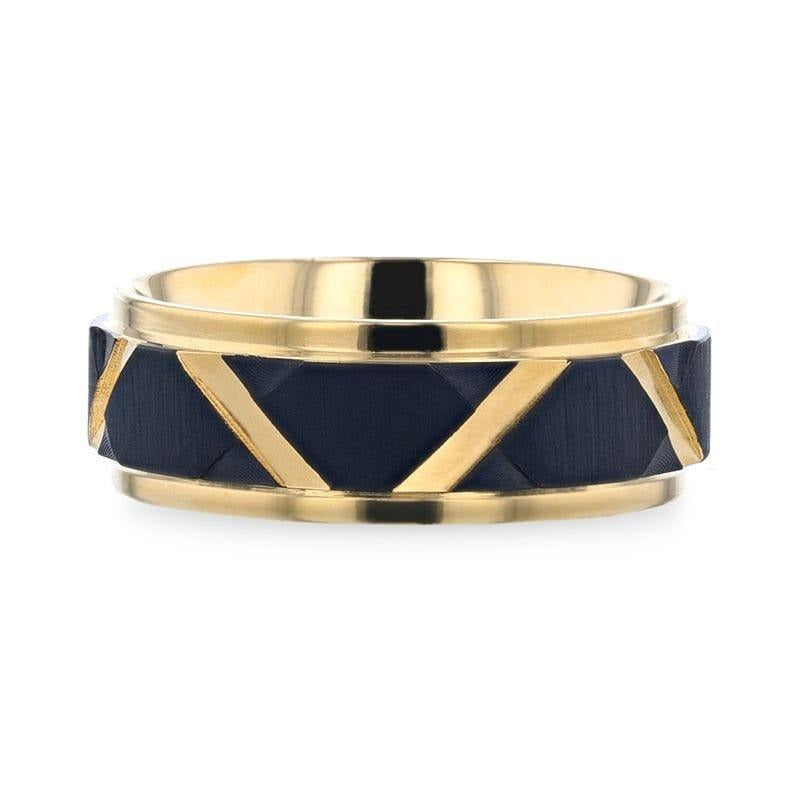 FLEMING Yellow Gold Polished Step Edged Titanium Men's Wedding Band With Matte Black Raised Horizontal Etches and Diagon
