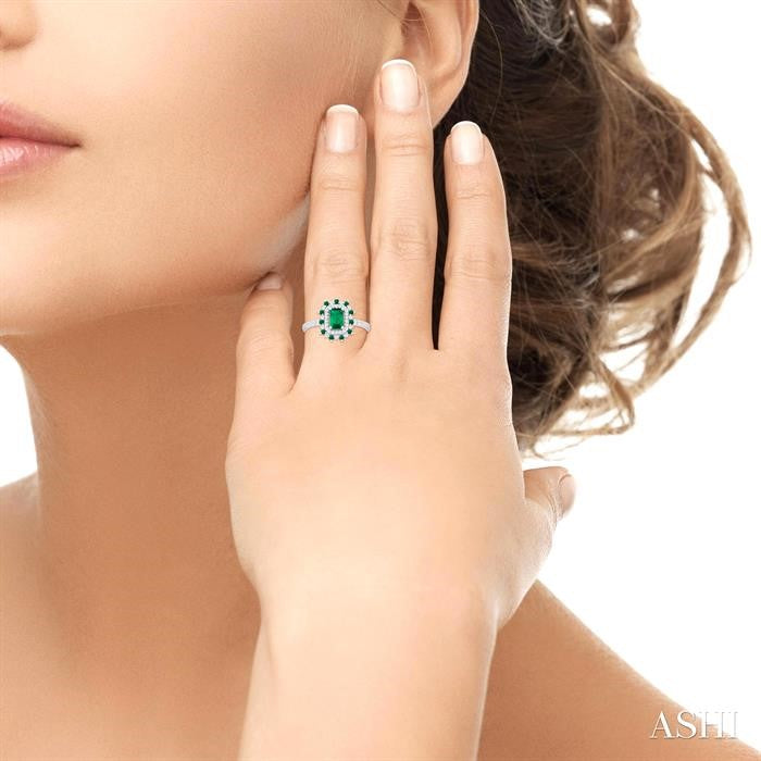 6X4 MM Emerald Shape & 1.5 MM Round Cut Emerald and 1/3 Ctw Round Cut Diamond Floral Precious Ring in 14K White Gold