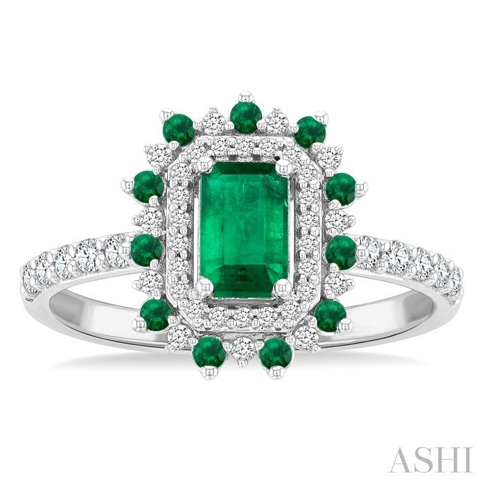6X4 MM Emerald Shape & 1.5 MM Round Cut Emerald and 1/3 Ctw Round Cut Diamond Floral Precious Ring in 14K White Gold
