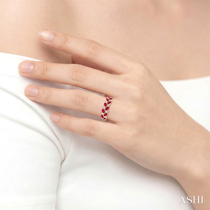 4X2 MM Leafy Marquise Cut Ruby and 1/5 Ctw Round Cut Diamond Precious Band in 14K Yellow Gold