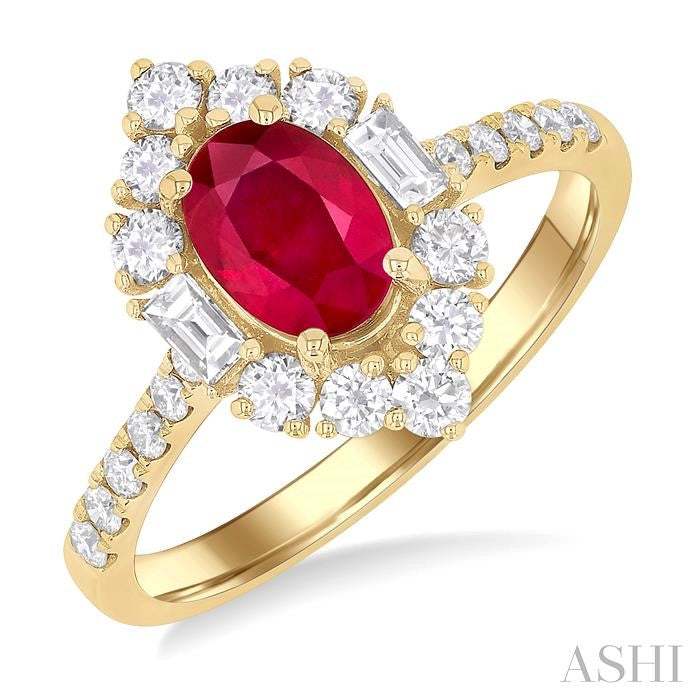 7X5 MM Oval Cut Ruby & 5/8 Ctw Baguette and Round Cut Diamond Halo Precious Ring in 14K Yellow Gold