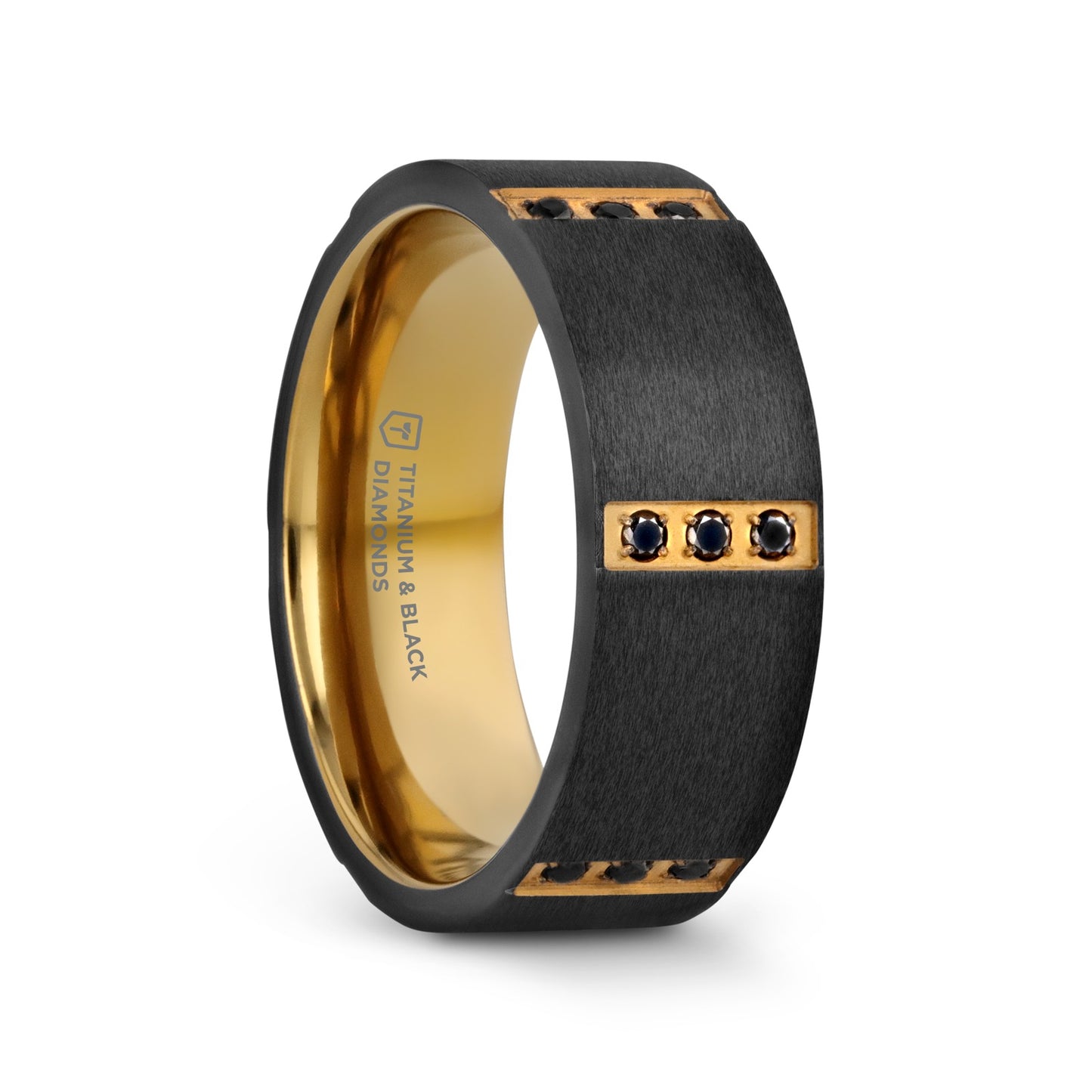 MURAMASA Flat Brushed Black Titanium Ring Gold Plated Inside with 6 Gold Plated Stainless Steel Bezels Triple Black Diam