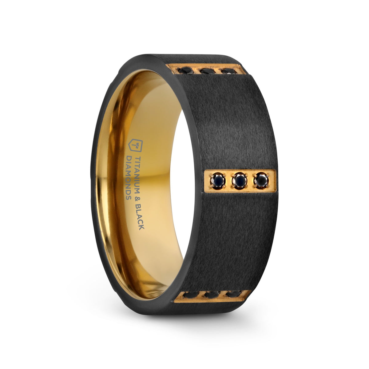 MURAMASA Flat Brushed Black Titanium Ring Gold Plated Inside with 6 Gold Plated Stainless Steel Bezels Triple Black Diam