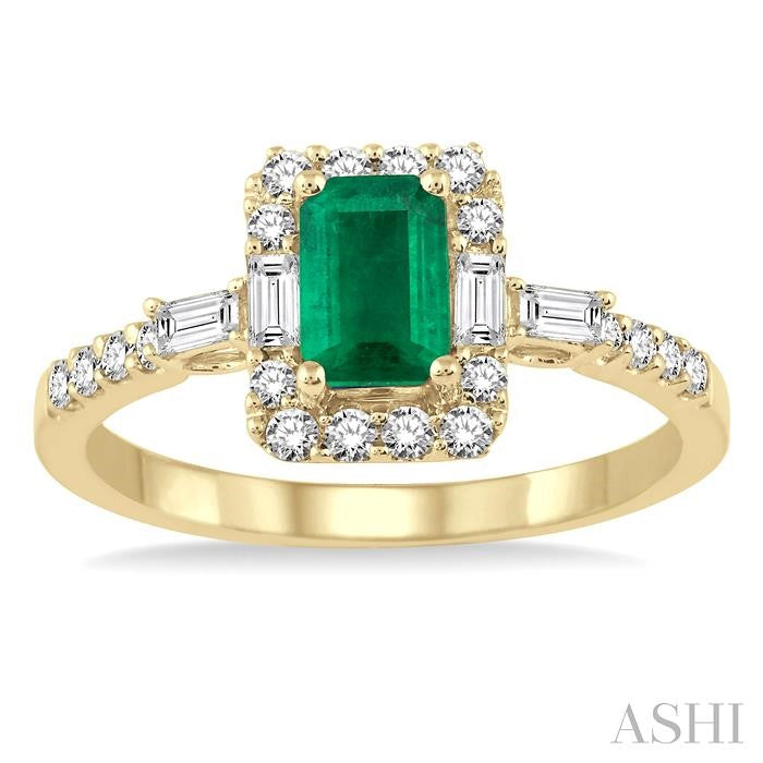 6X4 MM Octagon Cut Emerald and 1/2 Ctw Round Cut Diamond Precious Ring in 14K Yellow Gold