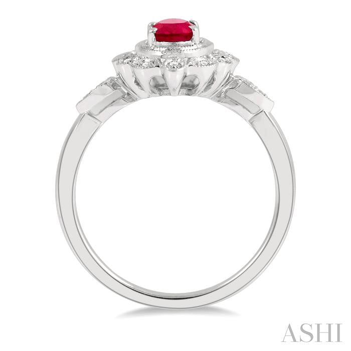 6X4 MM Oval Cut Ruby and 1/8 Ctw Lattice Reverse Taper Shank Round Cut Diamond Precious Ring in 10K White Gold