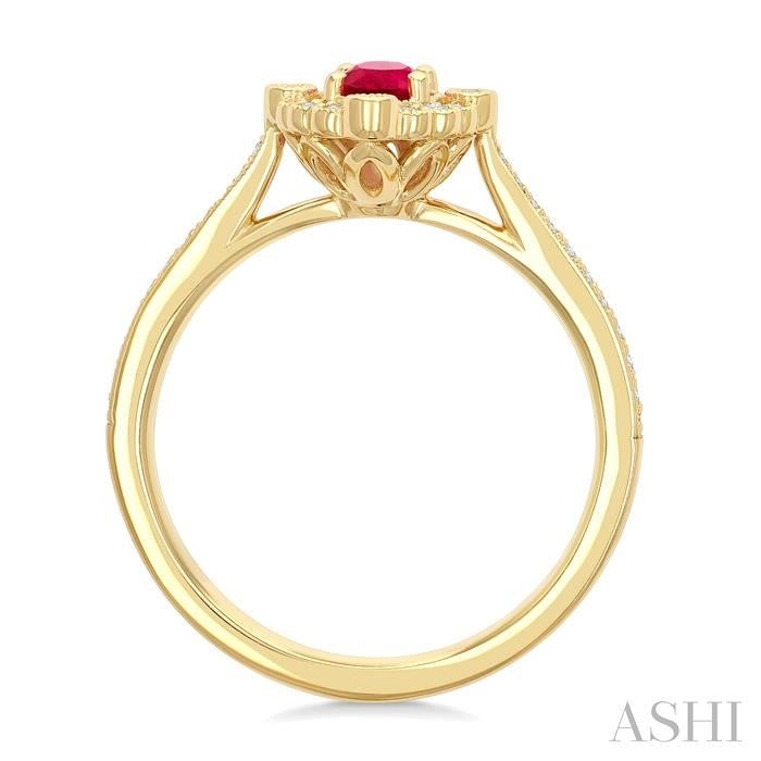 6X4 MM Oval Cut Ruby and 1/4 Ctw Art Deco Round Cut Diamond Halo Precious Ring in 14K Yellow Gold