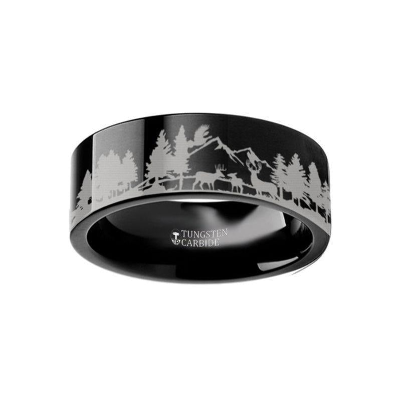 Animal Scene Reindeer Deer Stag Mountain Range Canvas Engraved Flat Black Tungsten Ring - 4mm - 12mm - 6mm
