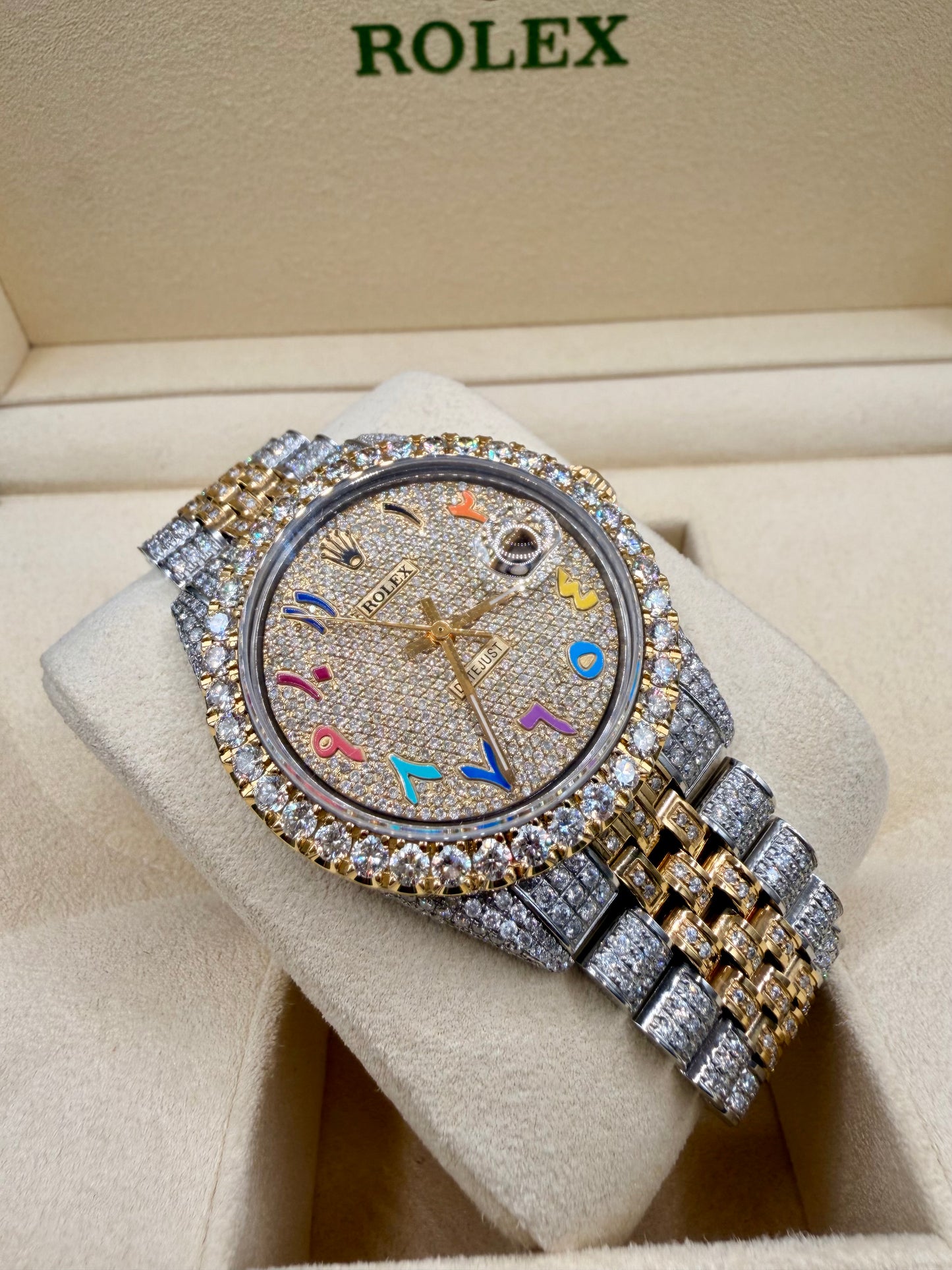 Rolex Datejust iced out Yellow gold/ Stainless steel Jubilee with Iced out Rainbow Arabic Numeral Diamond dial