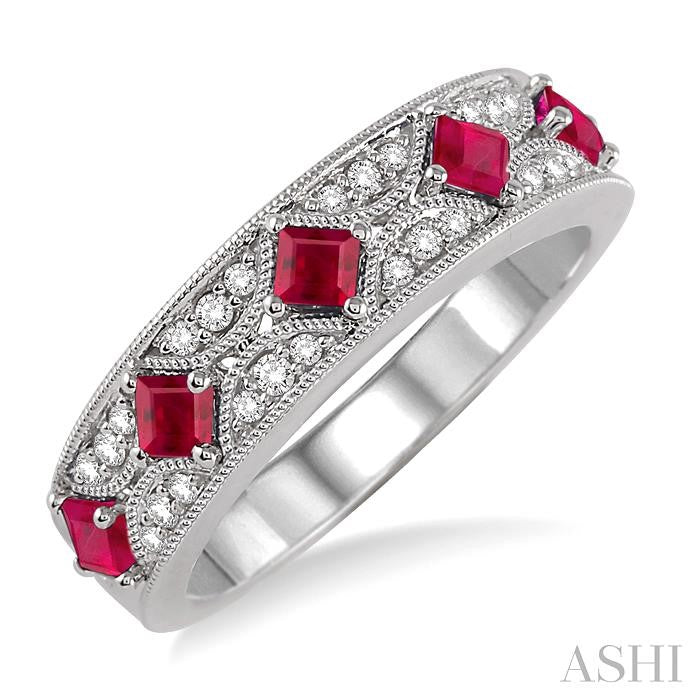 2.5 MM Princess Cut Ruby and 1/6 Ctw Round Cut Diamond Precious Band in 14K White Gold