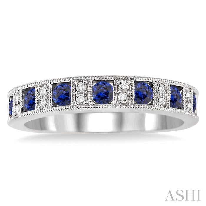 2.5 MM Round Cut Sapphire and 1/10 Ctw Round Cut Diamond Precious Band in 14K White Gold