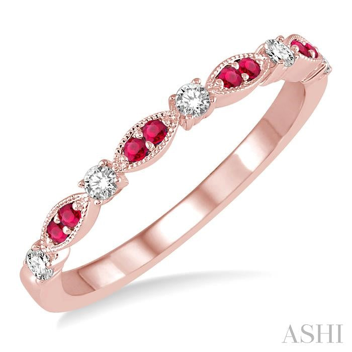 1.35 MM Ruby and 1/6 Ctw Round Cut Diamond Precious Stone Wedding Band in 14K Rose Gold