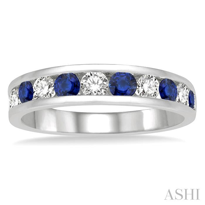 2.9 MM Sapphire and 1/2 Ctw Round Cut Diamond Precious Wedding Band in 14K White Gold