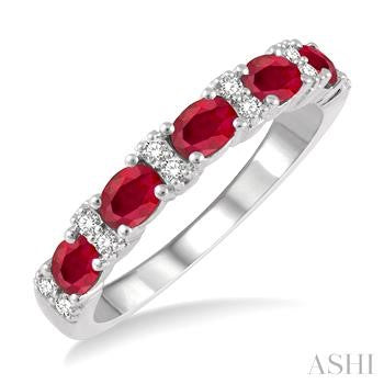 4X3 MM Oval Shape Ruby and 1/6 Ctw Round Cut Diamond Precious Band in 14K White Gold