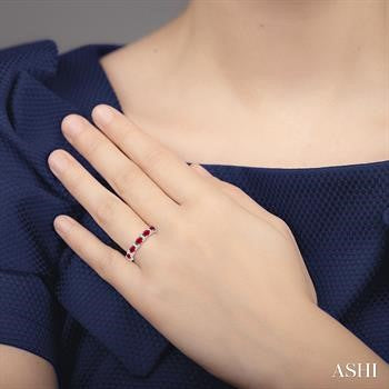 4X3 MM Oval Shape Ruby and 1/6 Ctw Round Cut Diamond Precious Band in 14K White Gold
