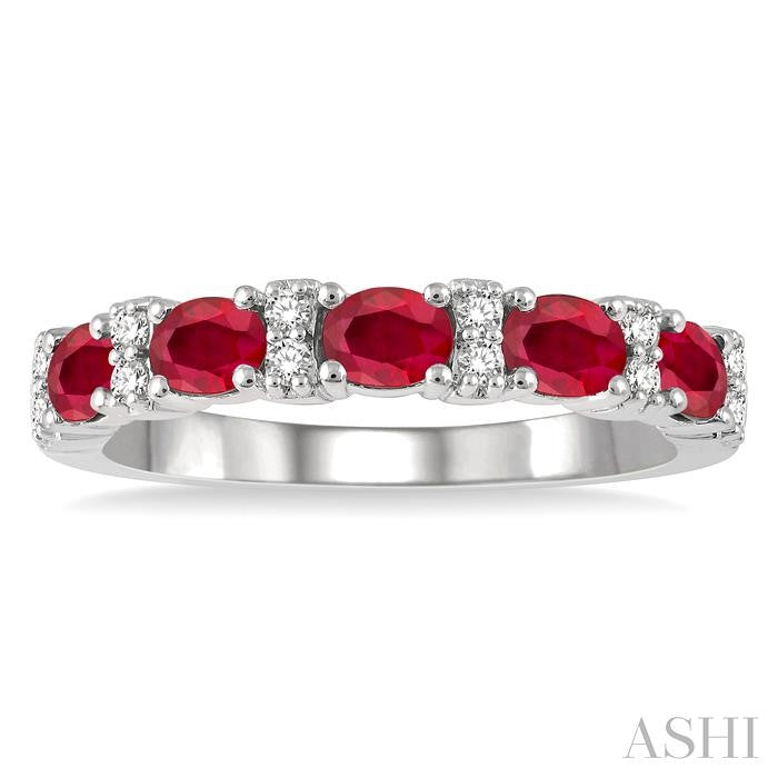 4X3 MM Oval Shape Ruby and 1/6 Ctw Round Cut Diamond Precious Band in 14K White Gold