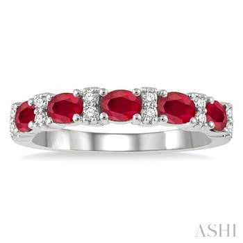 4X3 MM Oval Shape Ruby and 1/6 Ctw Round Cut Diamond Precious Band in 14K White Gold