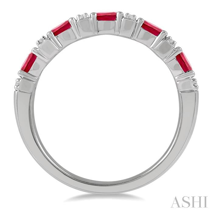 4X3 MM Oval Shape Ruby and 1/6 Ctw Round Cut Diamond Precious Band in 14K White Gold