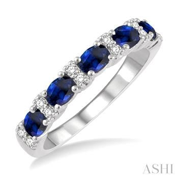 4X3 MM Oval Shape Sapphire and 1/6 Ctw Round Cut Diamond Precious Band in 14K White Gold