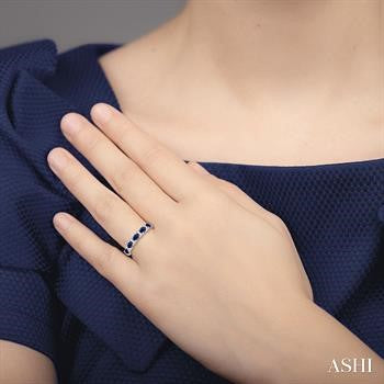 4X3 MM Oval Shape Sapphire and 1/6 Ctw Round Cut Diamond Precious Band in 14K White Gold
