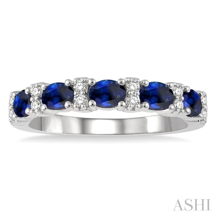 4X3 MM Oval Shape Sapphire and 1/6 Ctw Round Cut Diamond Precious Band in 14K White Gold