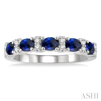 4X3 MM Oval Shape Sapphire and 1/6 Ctw Round Cut Diamond Precious Band in 14K White Gold