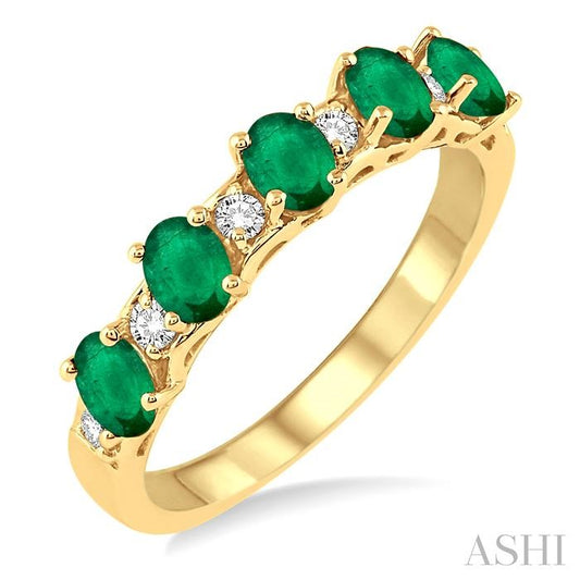 4X3 MM Oval Shape Emerald and 1/6 Ctw Round Cut Diamond Precious Band in 14K Yellow Gold