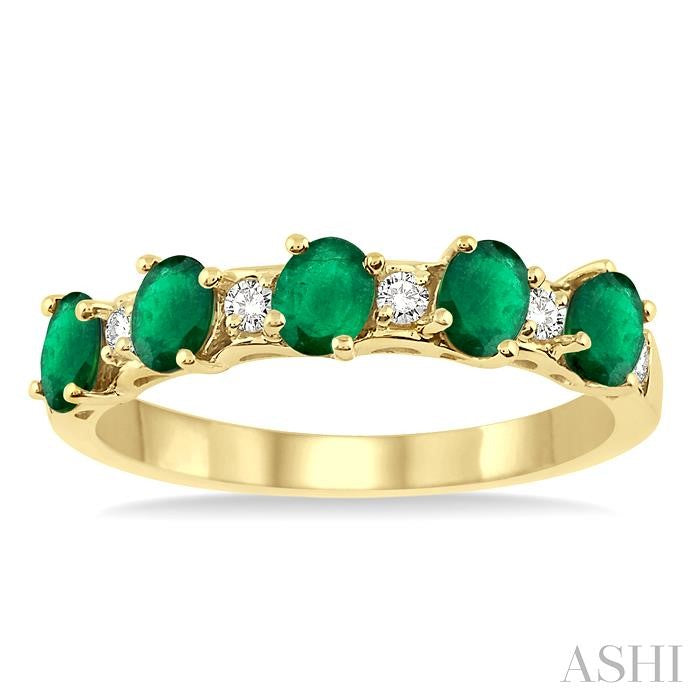 4X3 MM Oval Shape Emerald and 1/6 Ctw Round Cut Diamond Precious Band in 14K Yellow Gold
