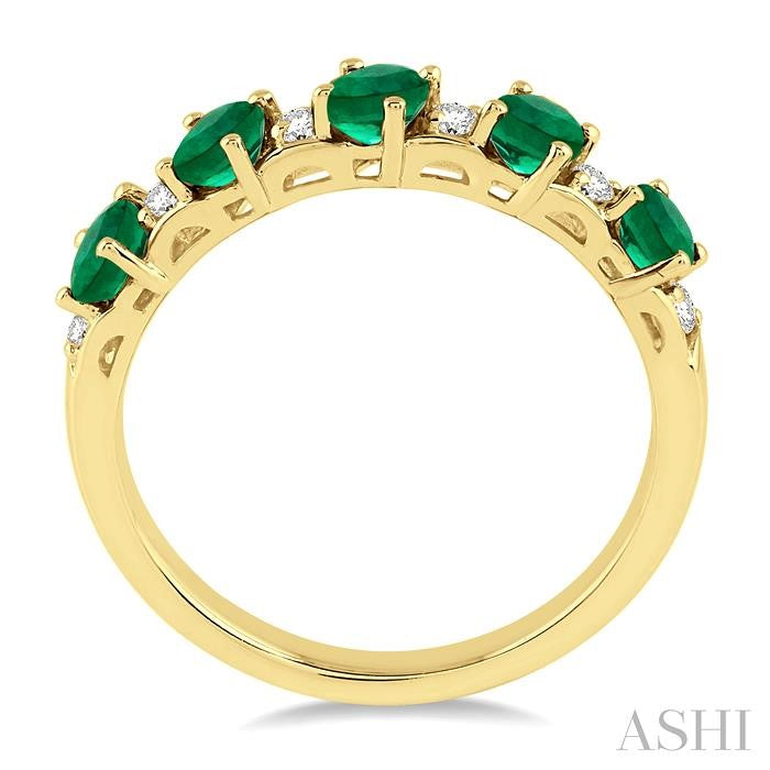 4X3 MM Oval Shape Emerald and 1/6 Ctw Round Cut Diamond Precious Band in 14K Yellow Gold