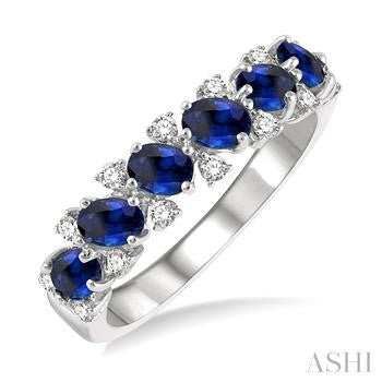 4X3 MM Oval Shape Sapphire and 1/5 Ctw Round Cut Diamond Precious Band in 14K White Gold